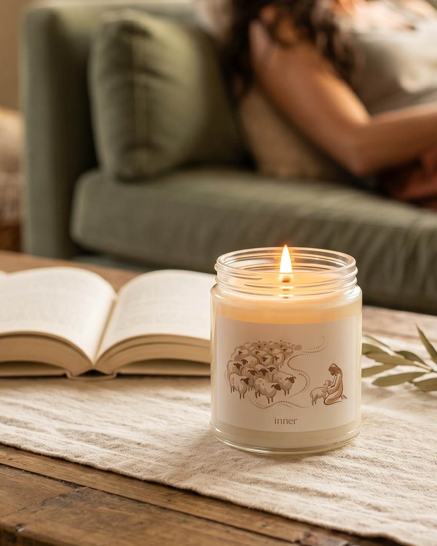 The Good Shepherd candle, lit on a wooden table
